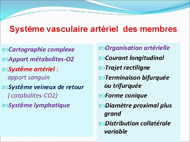 Systême vasculaire artériel des membres Cartographie complexe Apport métabolites-O 2 Systême artériel : apport
