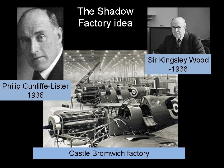 The Shadow Factory idea Sir Kingsley Wood -1938 Philip Cunliffe-Lister 1936 Castle Bromwich factory