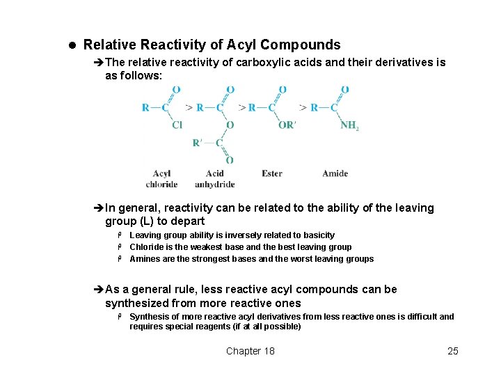 l Relative Reactivity of Acyl Compounds èThe relative reactivity of carboxylic acids and their