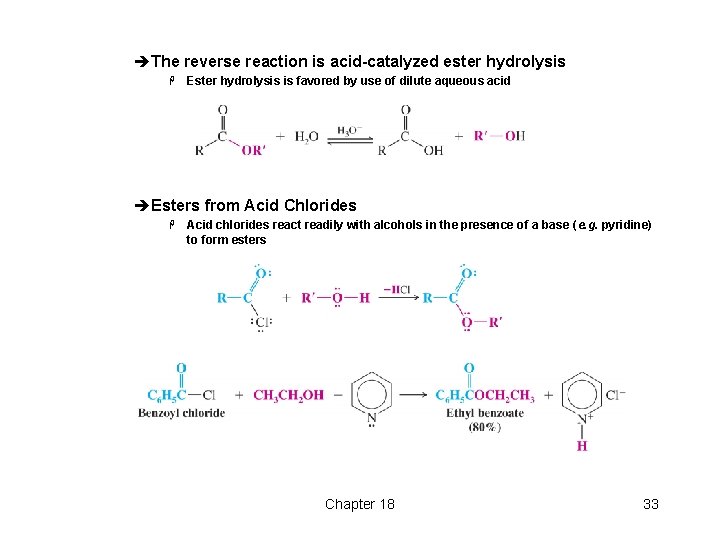 èThe reverse reaction is acid-catalyzed ester hydrolysis H Ester hydrolysis is favored by use