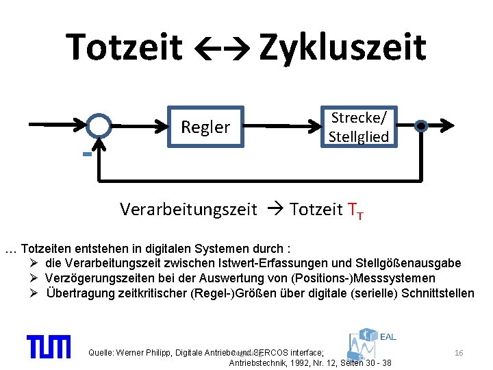 Totzeit Zykluszeit Regler Strecke/ Stellglied Verarbeitungszeit Totzeit TT … Totzeiten entstehen in digitalen Systemen