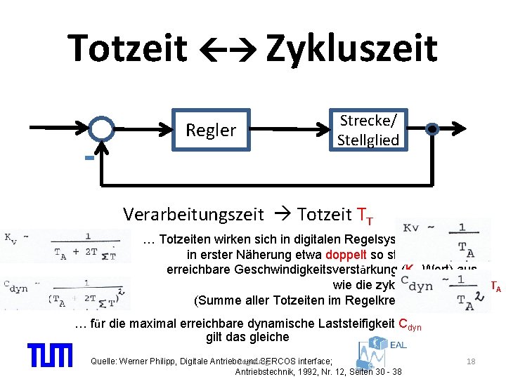 Totzeit Zykluszeit Regler Strecke/ Stellglied Verarbeitungszeit Totzeit TT … Totzeiten wirken sich in digitalen