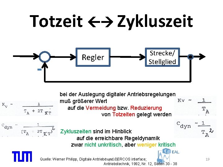 Totzeit Zykluszeit Regler Strecke/ Stellglied bei der Auslegung digitaler Antriebsregelungen muß größerer Wert auf