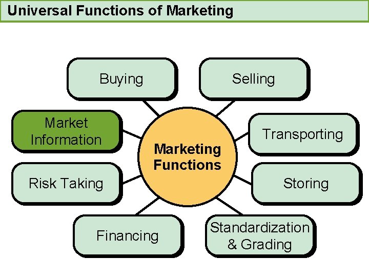 Universal Functions of Marketing Buying Market Information Selling Marketing Functions Risk Taking Financing Transporting