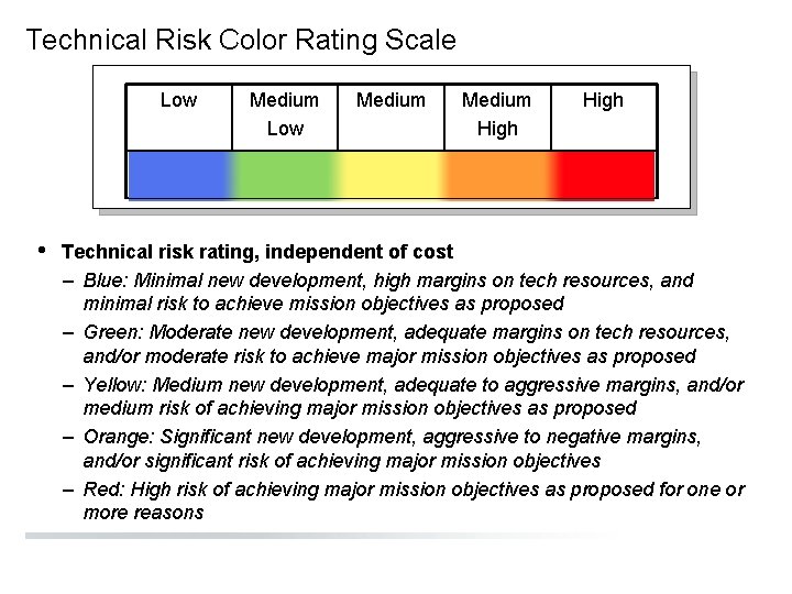 Technical Risk Color Rating Scale Low • Medium Low Medium High Technical risk rating,
