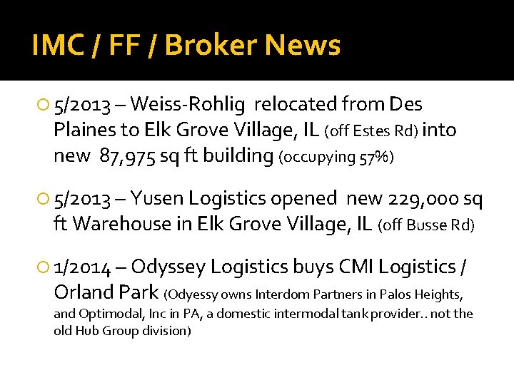 IMC / FF / Broker News 5/2013 – Weiss-Rohlig relocated from Des Plaines to