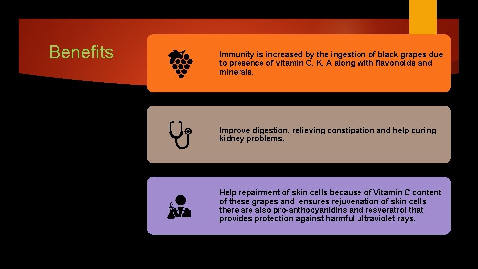 Benefits Immunity is increased by the ingestion of black grapes due to presence of
