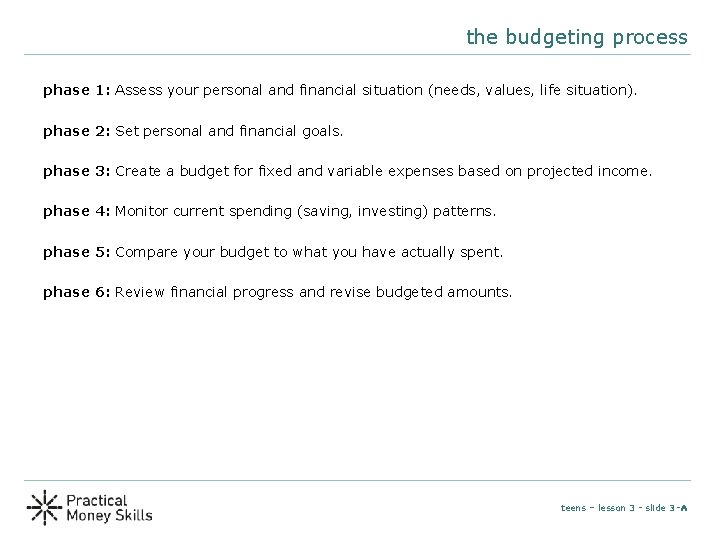 the budgeting process phase 1: Assess your personal and financial situation (needs, values, life