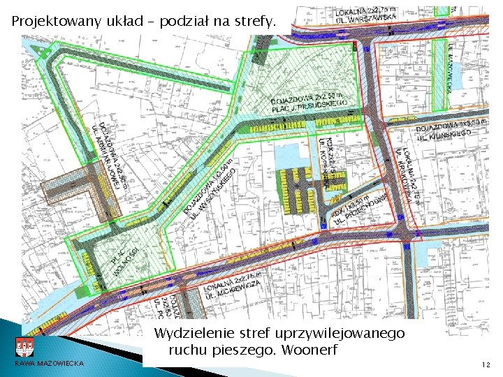 Projektowany układ – podział na strefy. RAWA MAZOWIECKA Wydzielenie stref uprzywilejowanego ruchu pieszego. Woonerf