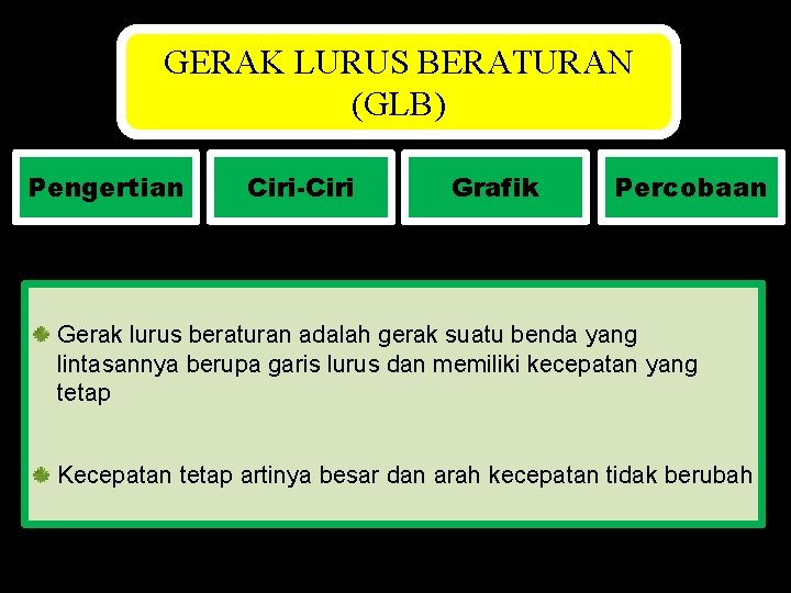 GERAK LURUS BERATURAN (GLB) Pengertian Ciri-Ciri Grafik Percobaan Gerak lurus beraturan adalah gerak suatu GERAK LURUS BERATURAN (GLB) Pengertian Ciri-Ciri Grafik Percobaan Gerak lurus beraturan adalah gerak suatu