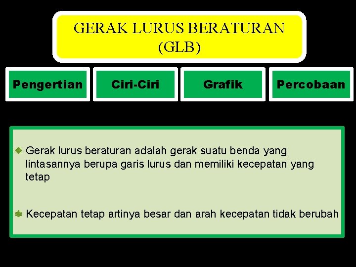 GERAK LURUS BERATURAN (GLB) Pengertian Ciri-Ciri Grafik Percobaan Gerak lurus beraturan adalah gerak suatu