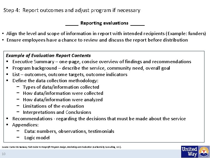 Step 4: Report outcomes and adjust program if necessary Reporting evaluations ▪ Align the