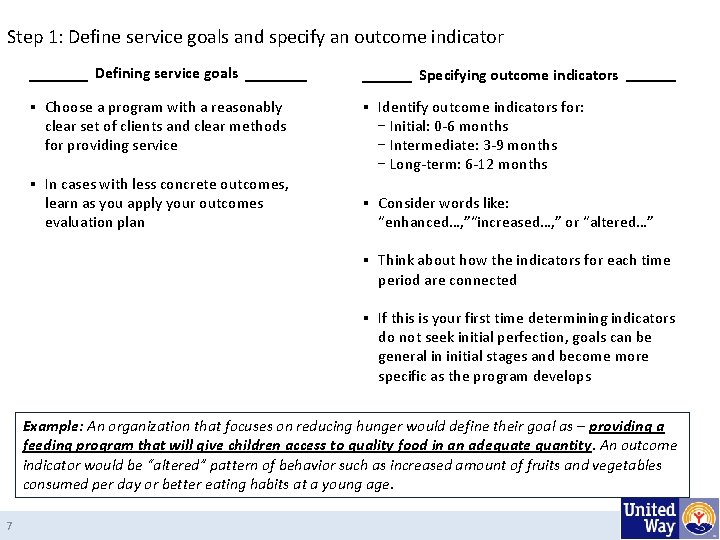 Step 1: Define service goals and specify an outcome indicator Defining service goals ▪