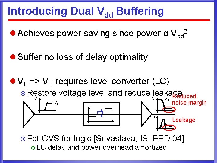 Introducing Dual Vdd Buffering l Achieves power saving since power α Vdd 2 l
