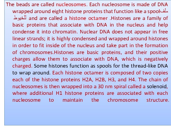 The beads are called nucleosomes. Each nucleosome is made of DNA wrapped around eight