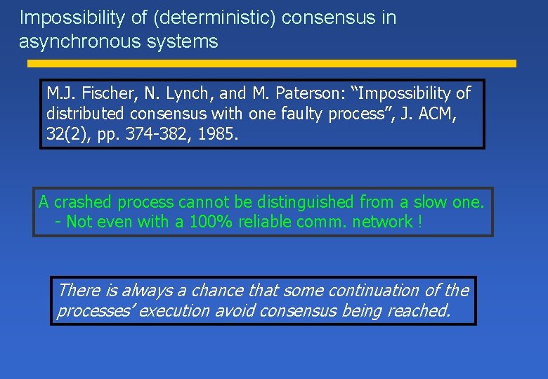 Impossibility of (deterministic) consensus in asynchronous systems M. J. Fischer, N. Lynch, and M.