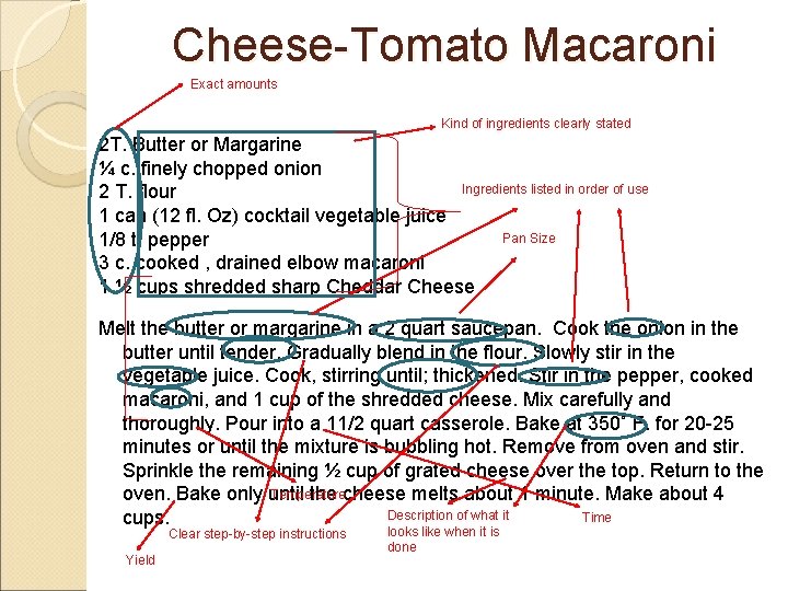 Cheese-Tomato Macaroni Exact amounts Kind of ingredients clearly stated 2 T. Butter or Margarine