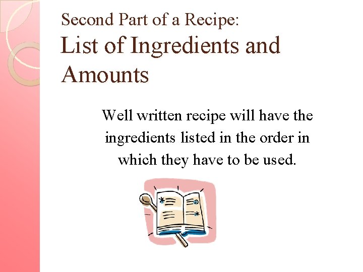 Second Part of a Recipe: List of Ingredients and Amounts Well written recipe will