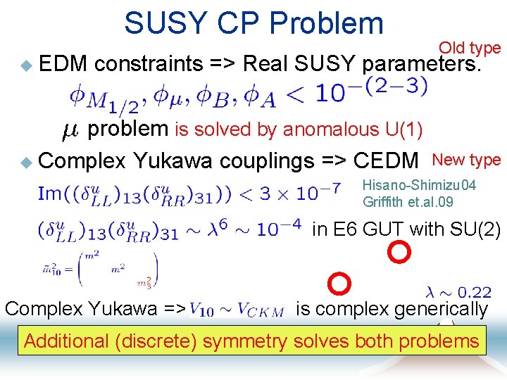 SUSY CP Problem Old type u EDM constraints => Real SUSY parameters. problem must