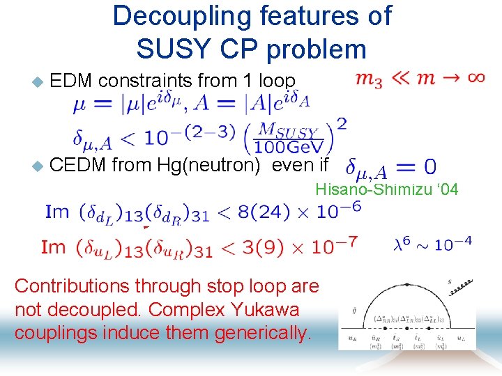 Decoupling features of SUSY CP problem u EDM constraints from 1 loop u CEDM