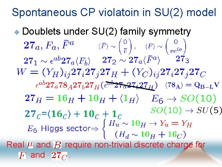 Spontaneous CP violatoin in SU(2) model u Doublets under SU(2) family symmetry Real and