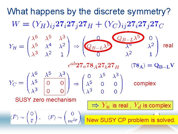 What happens by the discrete symmetry? real complex SUSY zero mechanism is real ,