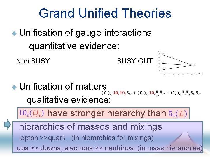 Grand Unified Theories u Unification of gauge interactions quantitative evidence: Non SUSY GUT u