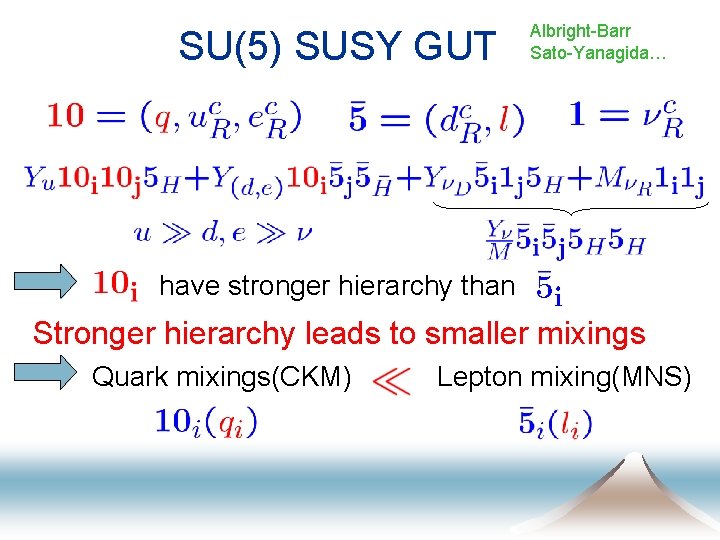 SU(5) SUSY GUT Albright-Barr Sato-Yanagida… have stronger hierarchy than Stronger hierarchy leads to smaller