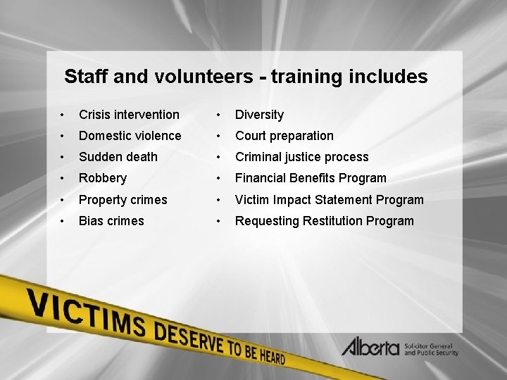Staff and volunteers - training includes • Crisis intervention • Diversity • Domestic violence