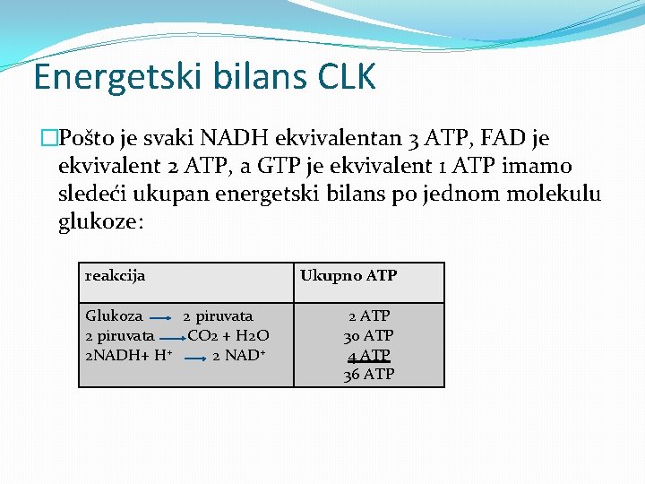 Energetski bilans CLK �Pošto je svaki NADH ekvivalentan 3 ATP, FAD je ekvivalent 2