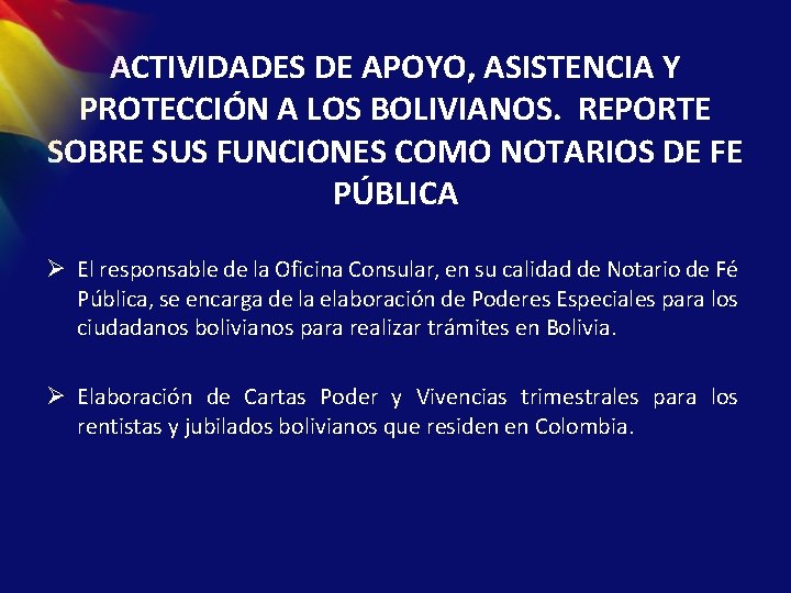 ACTIVIDADES DE APOYO, ASISTENCIA Y PROTECCIÓN A LOS BOLIVIANOS. REPORTE SOBRE SUS FUNCIONES COMO