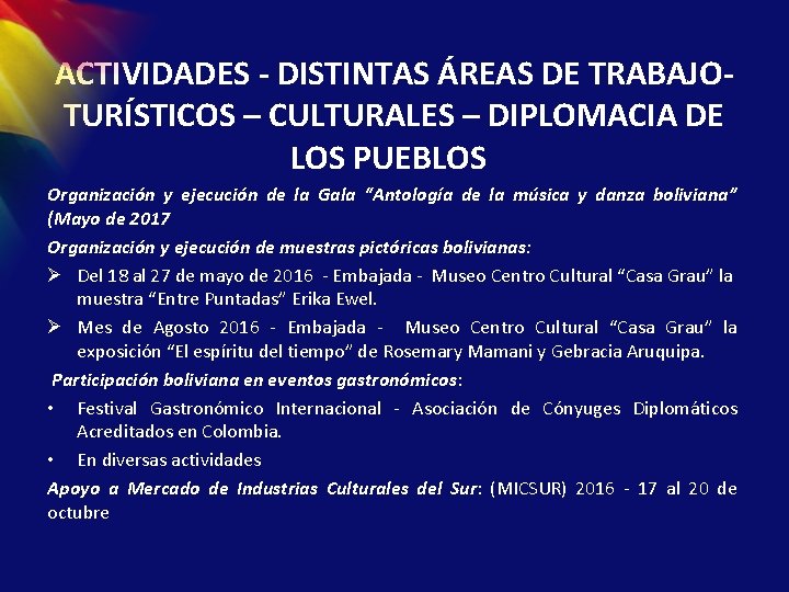 ACTIVIDADES - DISTINTAS ÁREAS DE TRABAJO- TURÍSTICOS – CULTURALES – DIPLOMACIA DE LOS PUEBLOS