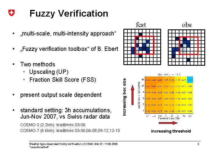 Fuzzy Verification fcst obs • „multi-scale, multi-intensity approach“ • Two methods • Upscaling (UP)