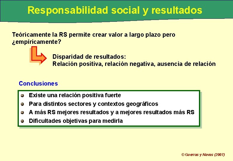 Responsabilidad social y resultados Teóricamente la RS permite crear valor a largo plazo pero