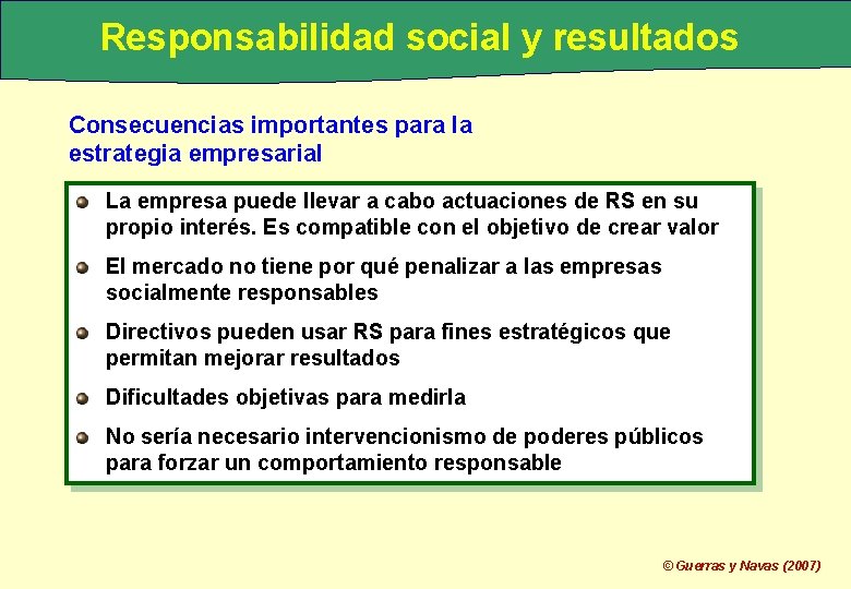 Responsabilidad social y resultados Consecuencias importantes para la estrategia empresarial La empresa puede llevar