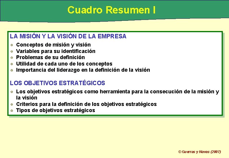 Cuadro Resumen I LA MISIÓN Y LA VISIÓN DE LA EMPRESA Conceptos de misión