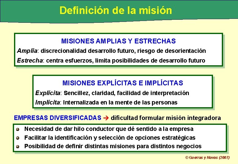 Definición de la misión MISIONES AMPLIAS Y ESTRECHAS Amplia: discrecionalidad desarrollo futuro, riesgo de