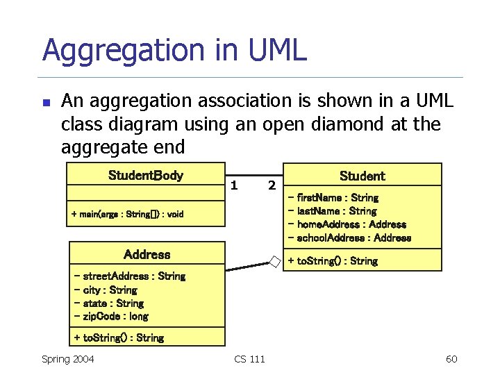 Aggregation in UML n An aggregation association is shown in a UML class diagram