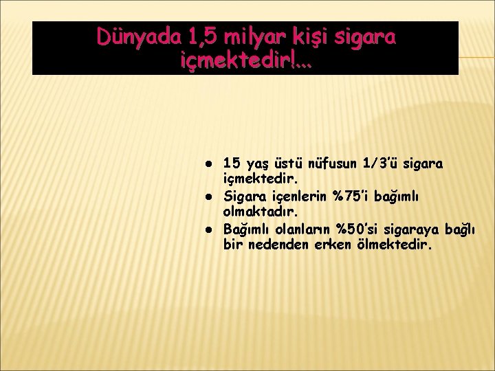 Dünyada 1, 5 milyar kişi sigara içmektedir!. . . l l l 15 yaş