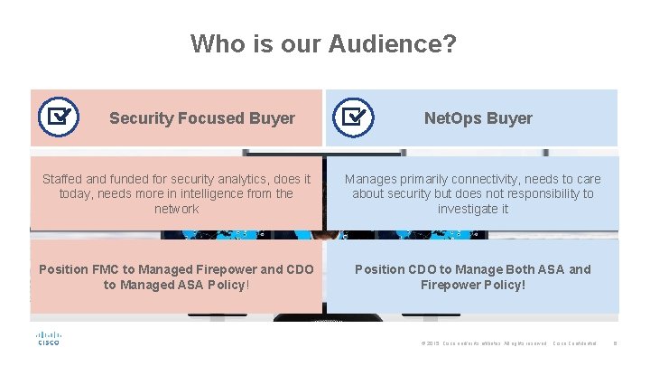 Who is our Audience? Security Focused Buyer Net. Ops Buyer Staffed and funded for