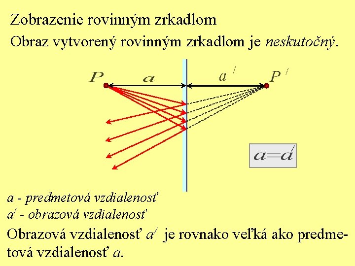 Zobrazenie rovinným zrkadlom Obraz vytvorený rovinným zrkadlom je neskutočný. a - predmetová vzdialenosť a/