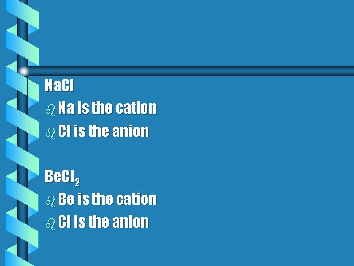 Na. Cl b Na is the cation b Cl is the anion Be. Cl Na. Cl b Na is the cation b Cl is the anion Be. Cl