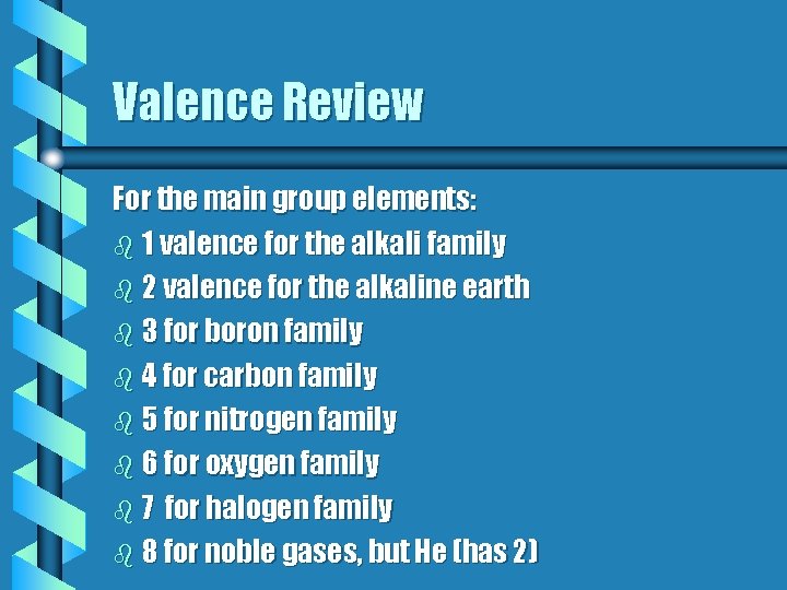 Valence Review For the main group elements: b 1 valence for the alkali family
