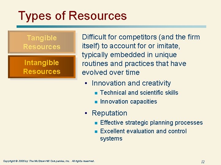 Types of Resources Tangible Resources Intangible Resources Difficult for competitors (and the firm itself)