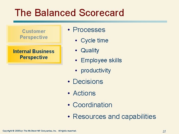 The Balanced Scorecard Customer Perspective Internal Business Perspective • Processes • Cycle time •