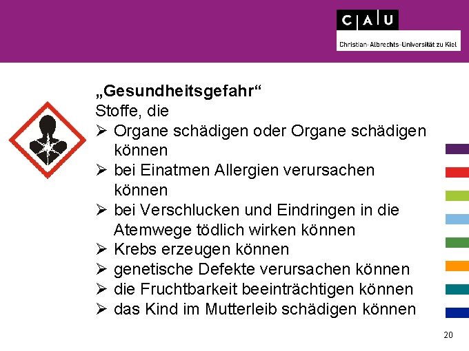 „Gesundheitsgefahr“ Stoffe, die Ø Organe schädigen oder Organe schädigen können Ø bei Einatmen Allergien