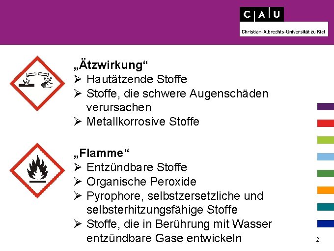 „Ätzwirkung“ Ø Hautätzende Stoffe Ø Stoffe, die schwere Augenschäden verursachen Ø Metallkorrosive Stoffe „Flamme“