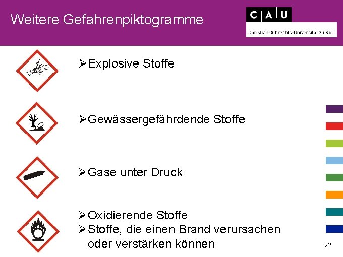 Weitere Gefahrenpiktogramme ØExplosive Stoffe ØGewässergefährdende Stoffe ØGase unter Druck ØOxidierende Stoffe ØStoffe, die einen