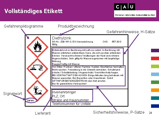 Vollständiges Etikett Gefahrenpiktogramme Produktbezeichnung Gefahrenhinweise, H-Sätze Diethylzink EG-Nr. : 209 -161 -3; EG-Kennzeichnung 500