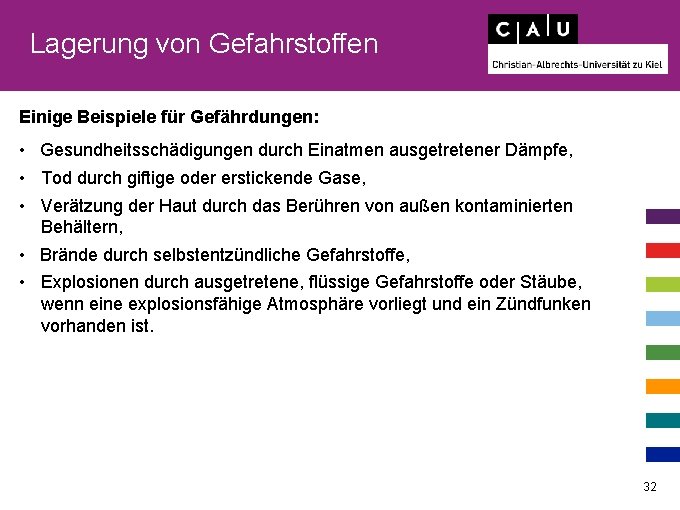 Lagerung von Gefahrstoffen Einige Beispiele für Gefährdungen: • Gesundheitsschädigungen durch Einatmen ausgetretener Dämpfe, •